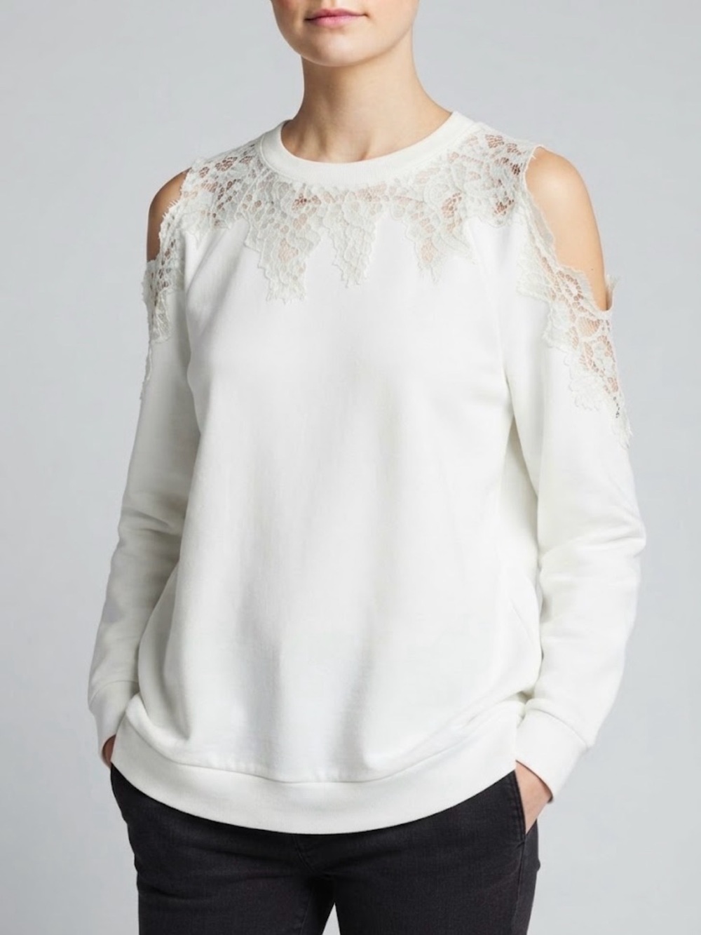 Lush Lace Cold Shoulder Crewneck Sweater M NEW Boho Chic Cream White